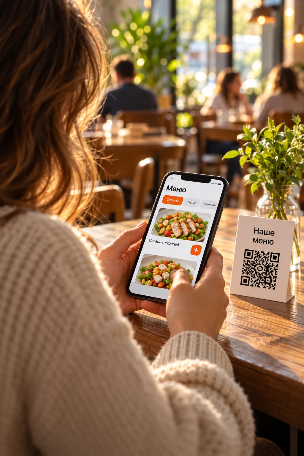 Гостья за столиком кафе листает меню на смартфоне, рядом табличка с QR-кодом